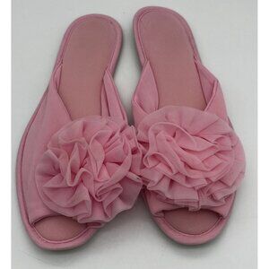 Vintage Vanity Fair Slippers Peep Toe Women's 6.5-7.5 Pink Nylon Pom Pom